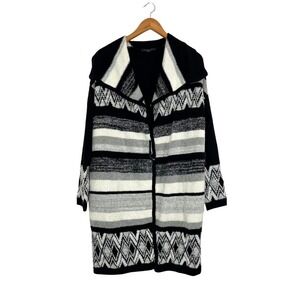 Tahari Wool Blend Long Knit Cardigan Coat Sweater Jacket Black Gray White Sz M